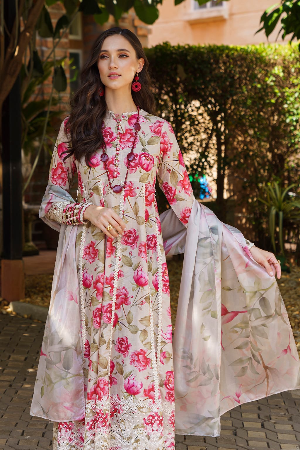 IZK Embroidered Cream Pink Flower Luxury Lawn Dress