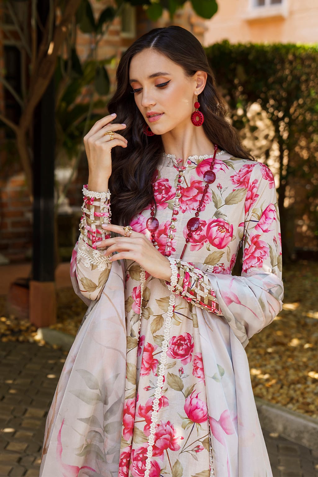 IZK Embroidered Cream Pink Flower Luxury Lawn Dress