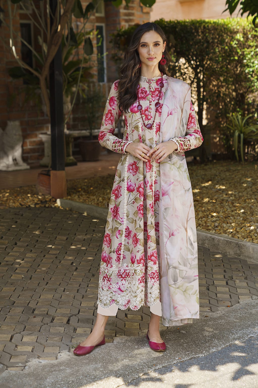 IZK Embroidered Cream Pink Flower Luxury Lawn Dress