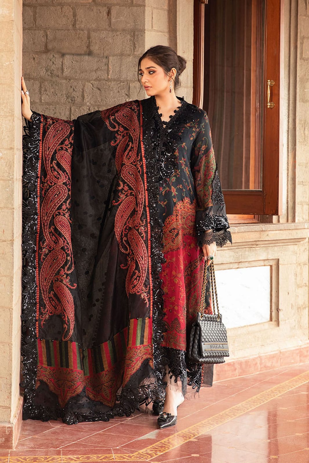 MP Embroidered  Black & maroon Luxury Lawn Dress