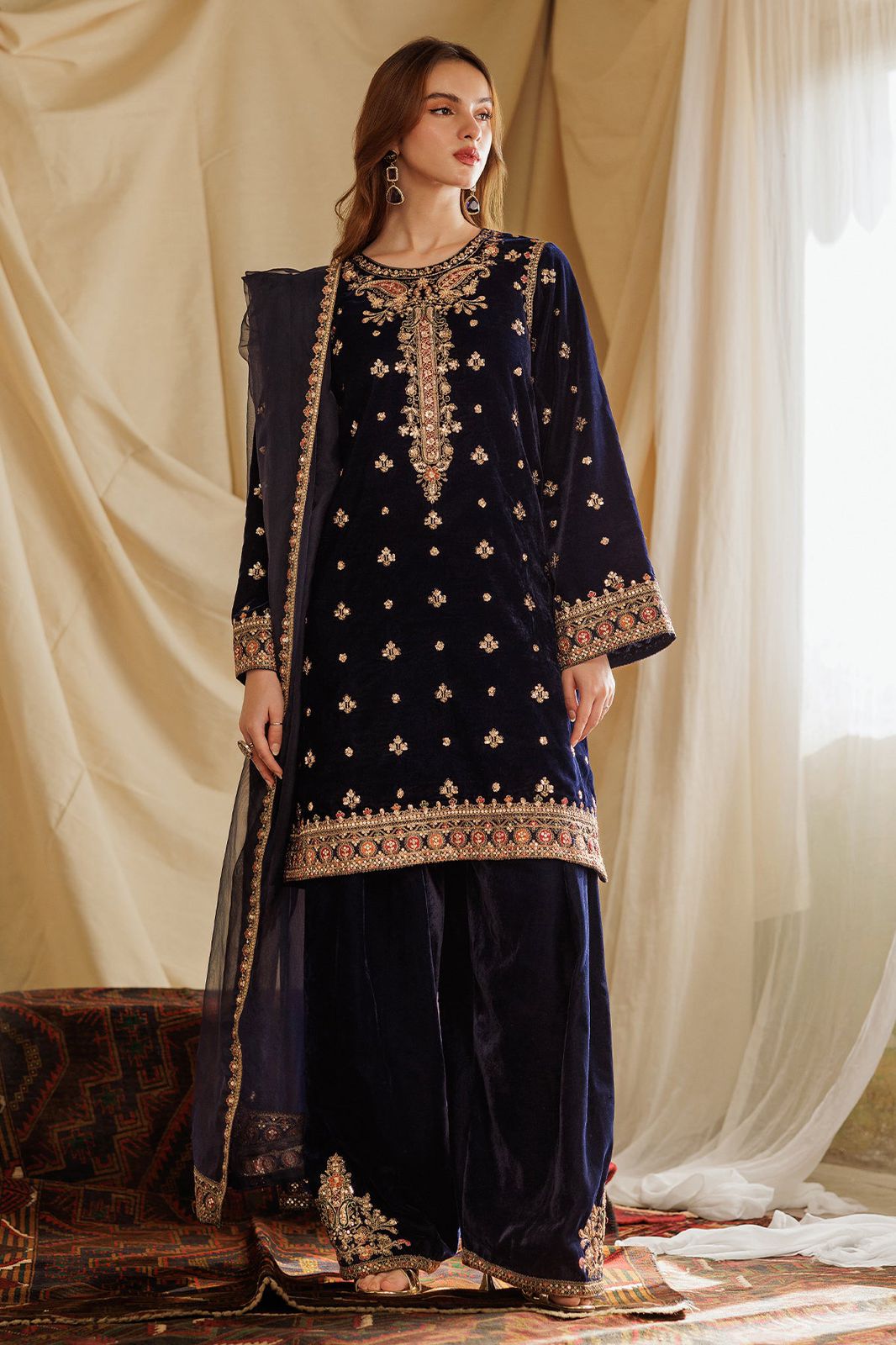 CHZ Embroidered Navy Blue Luxury Velvet Dress