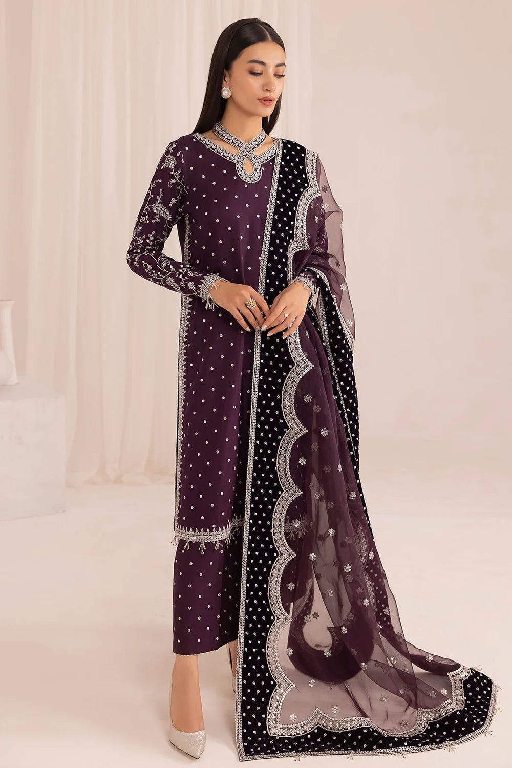 JZM Embroidered Purple Dot Luxury Raw Silk Dress