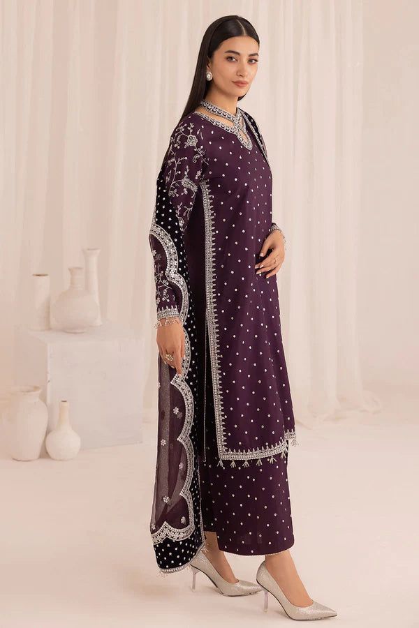 JZM Embroidered Purple Dot Luxury Raw Silk Dress