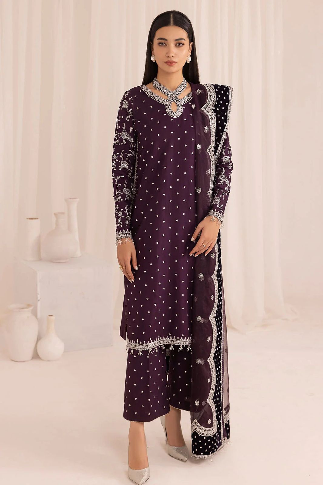 JZM Embroidered Purple Dot Luxury Raw Silk Dress