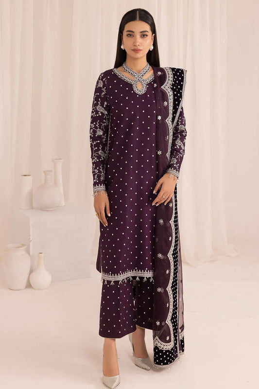 JZM Embroidered Purple Dot Luxury Raw Silk Dress