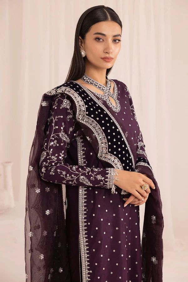 JZM Embroidered Purple Dot Luxury Raw Silk Dress