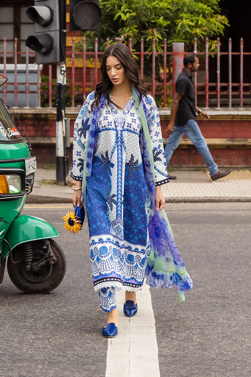 Msq Embroidered Blue & white Luxury Lawn Dress