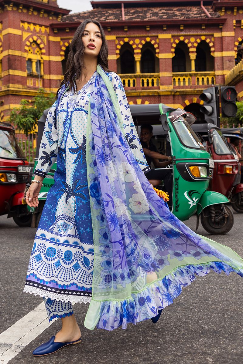 Msq Embroidered Blue & white Luxury Lawn Dress