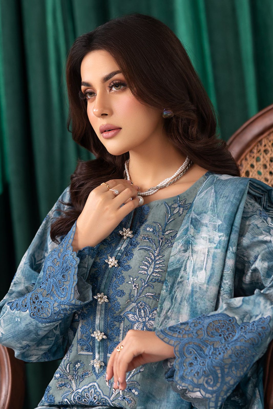 IMR Embroidered Blue Luxury Lawn Dress