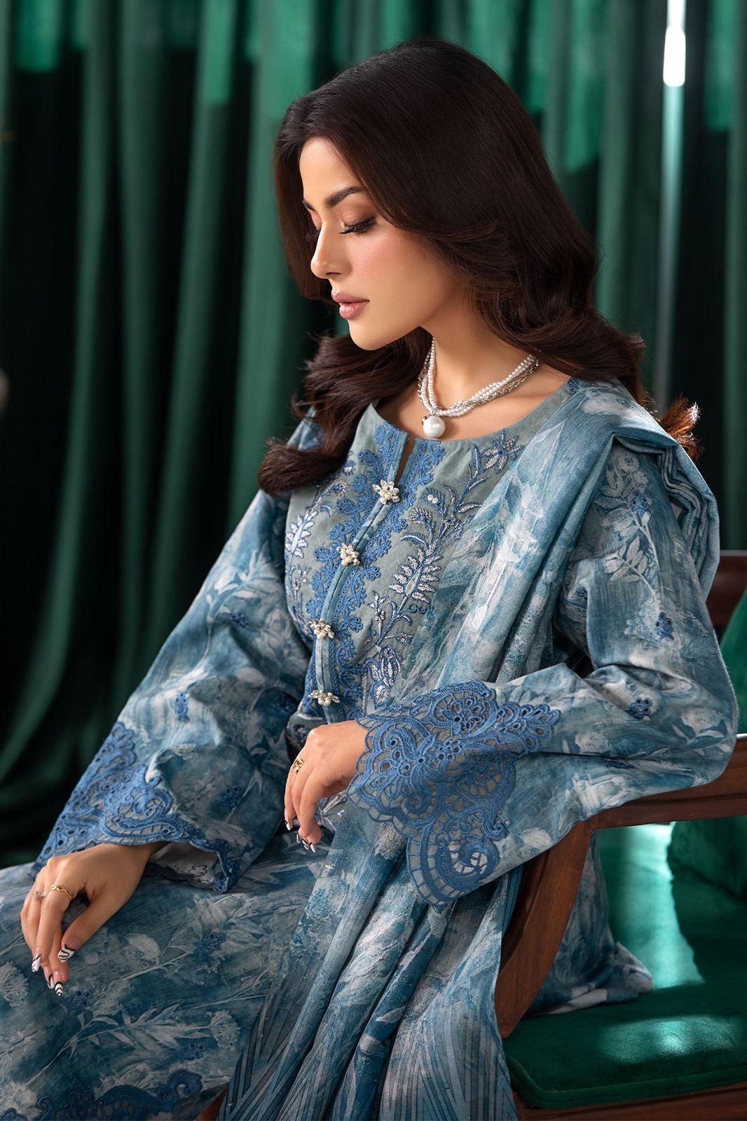 IMR Embroidered Blue Luxury Lawn Dress