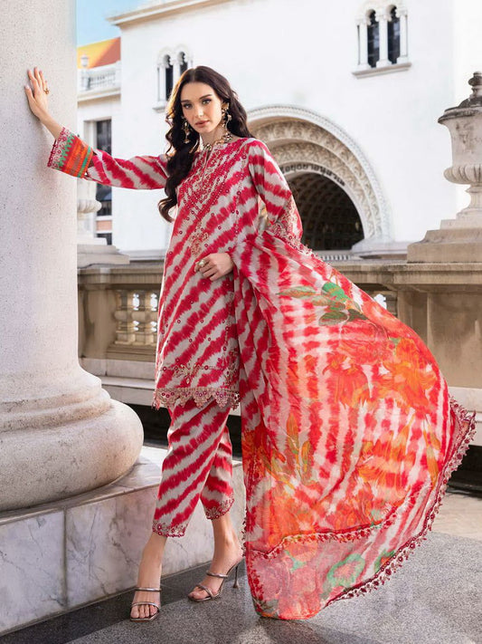 CHZ Embroidered Red & White Lining Luxury Lawn Dress
