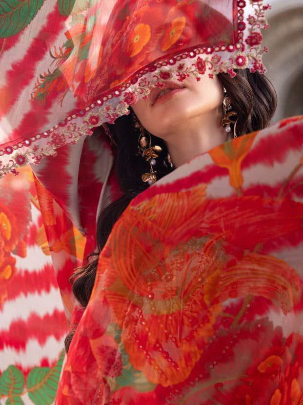 CHZ Embroidered Red & White Lining Luxury Lawn Dress
