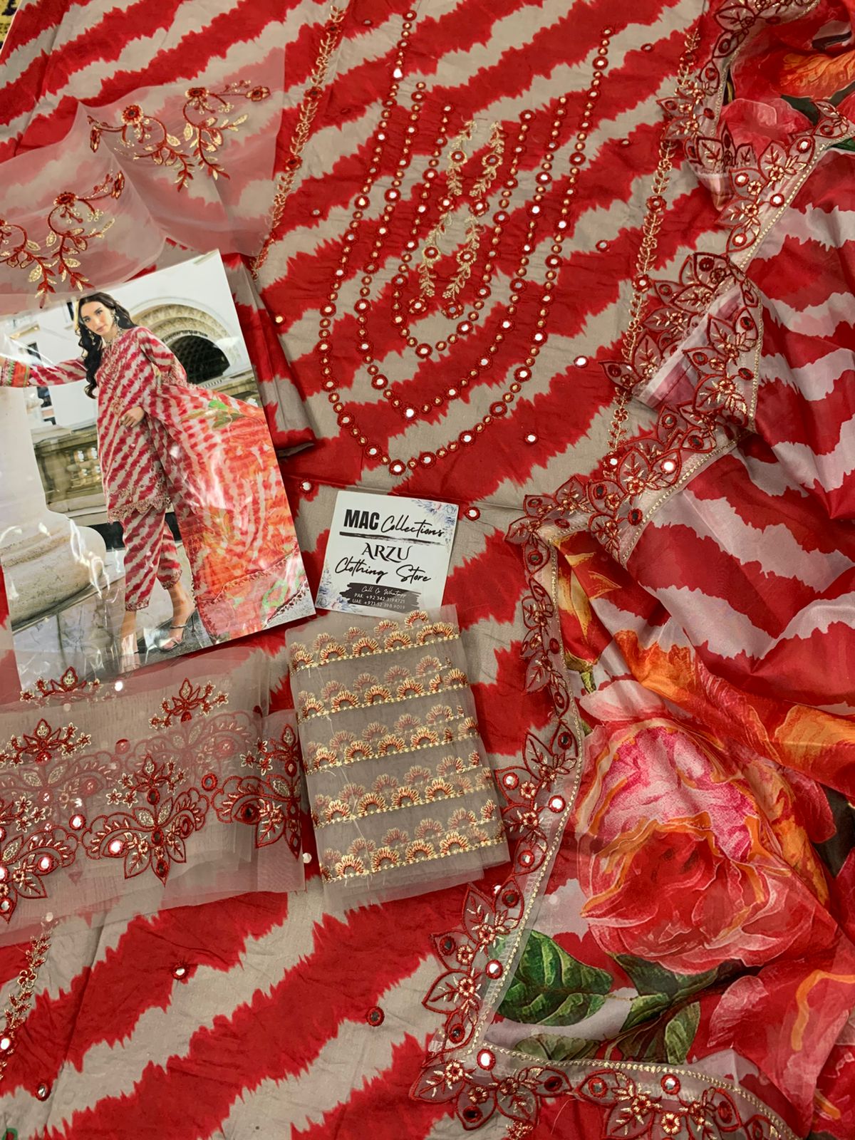 CHZ Embroidered Red & White Lining Luxury Lawn Dress