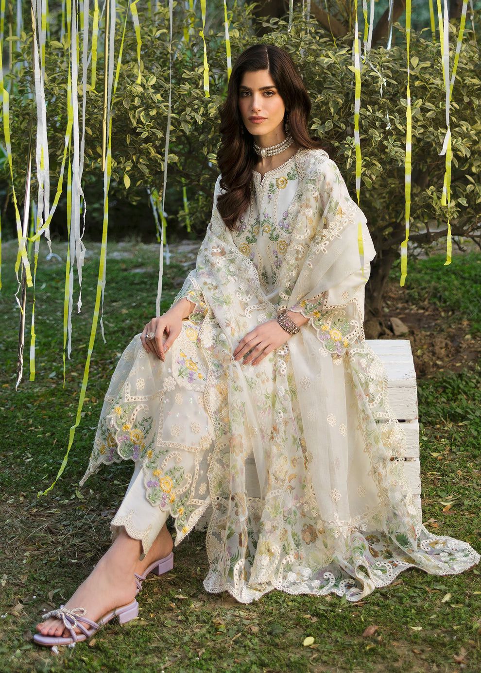 Sardinia Embroidered White Floral Luxury Lawn Dress