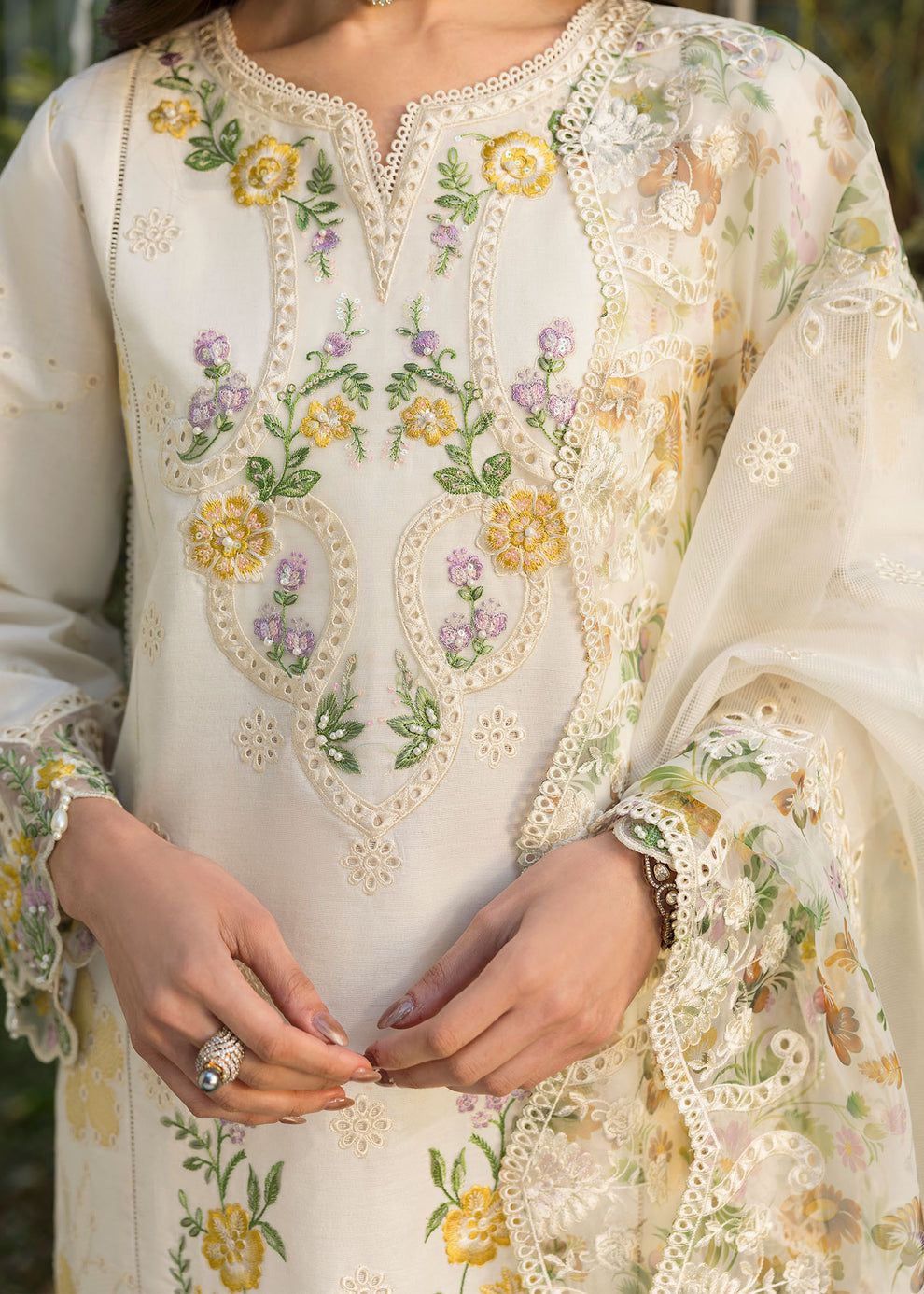 Sardinia Embroidered White Floral Luxury Lawn Dress
