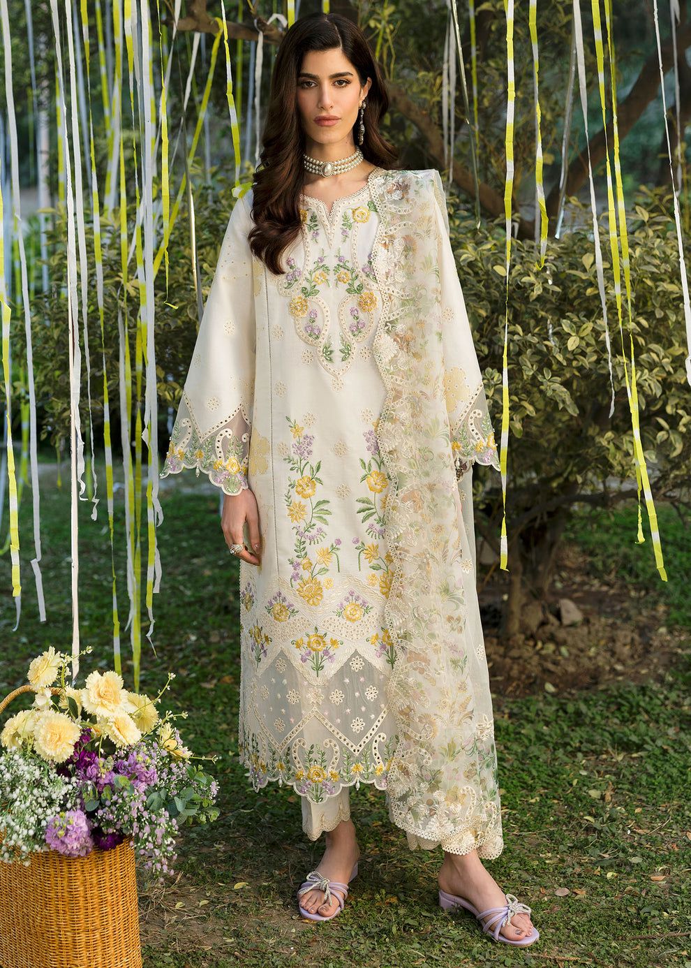 Sardinia Embroidered White Floral Luxury Lawn Dress