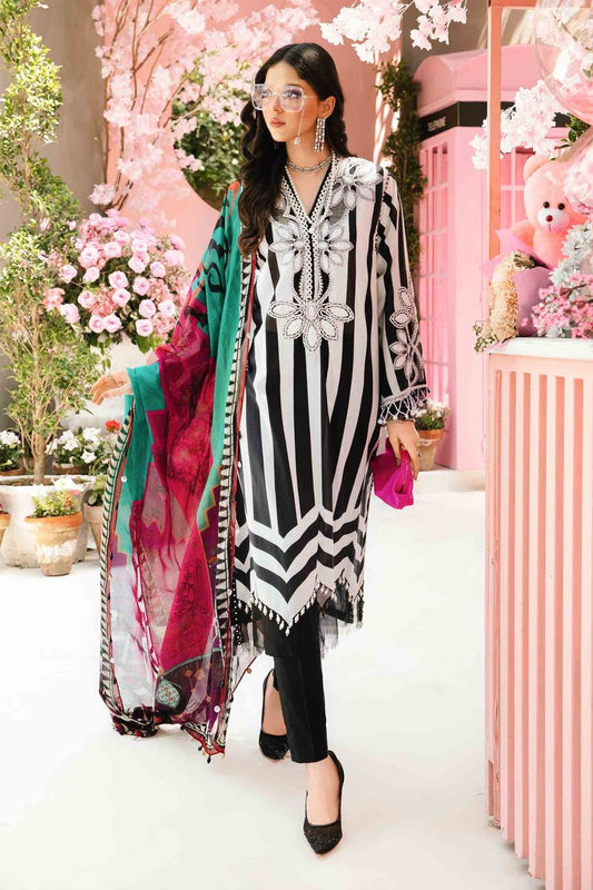 MB Embroidered Black & White Lining  Luxury Lawn Dress