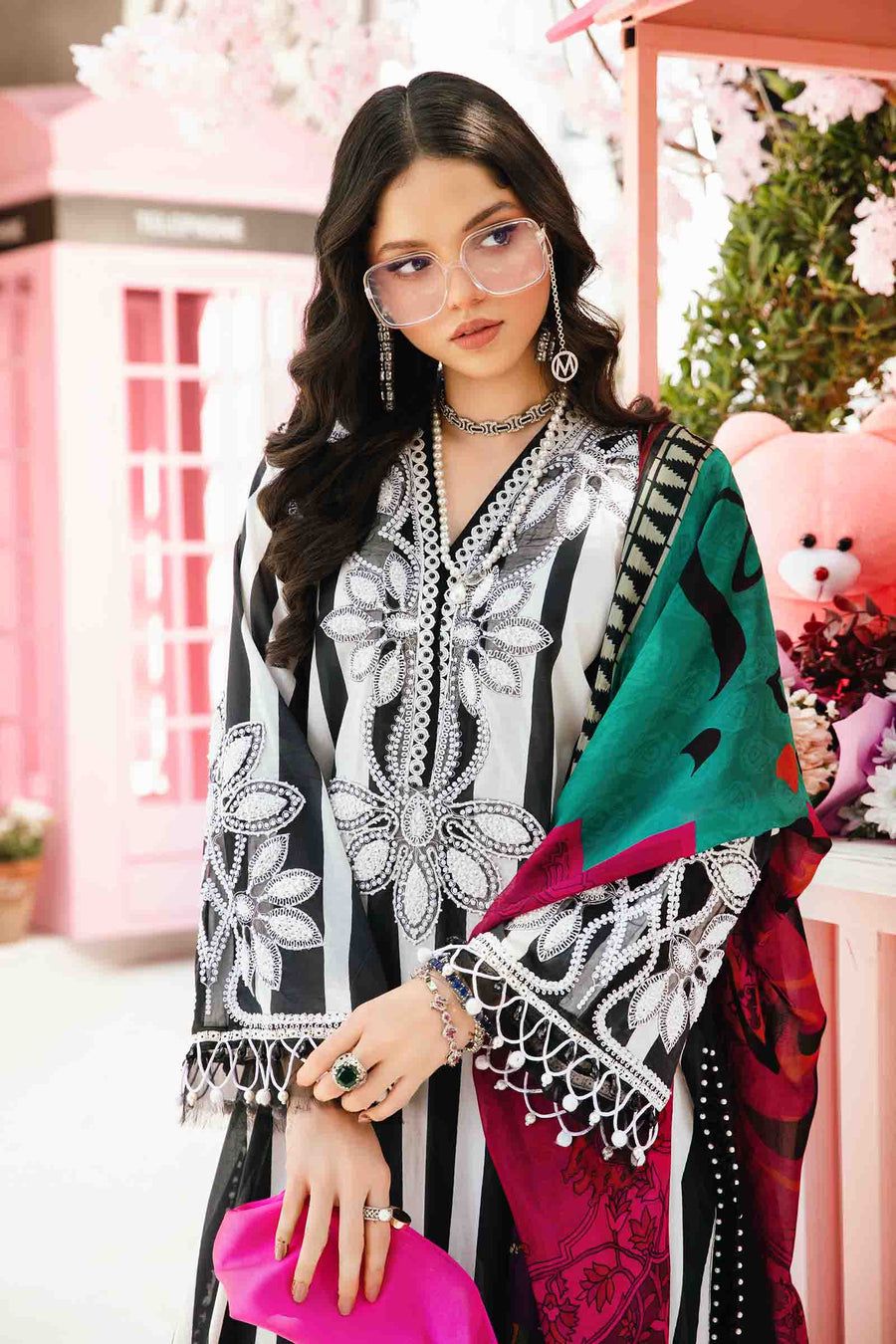 MB Embroidered Black & White Lining  Luxury Lawn Dress