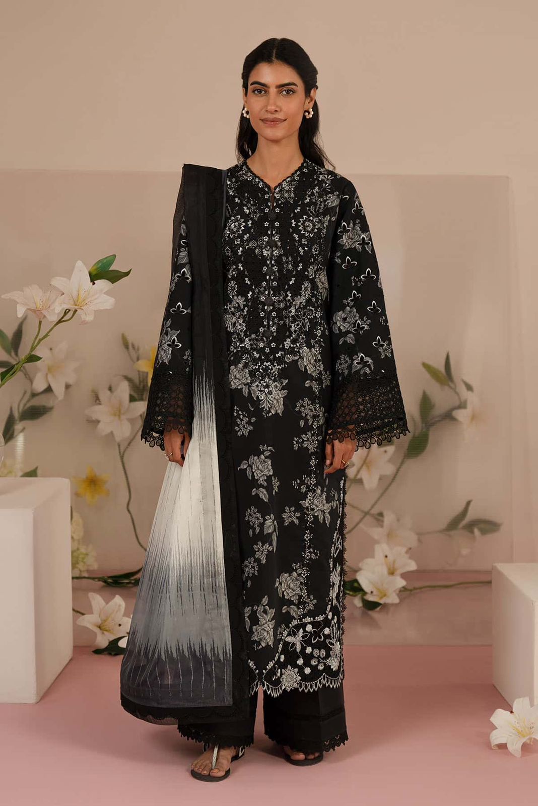 AFZ Embroidered Black Luxury Lawn Dress