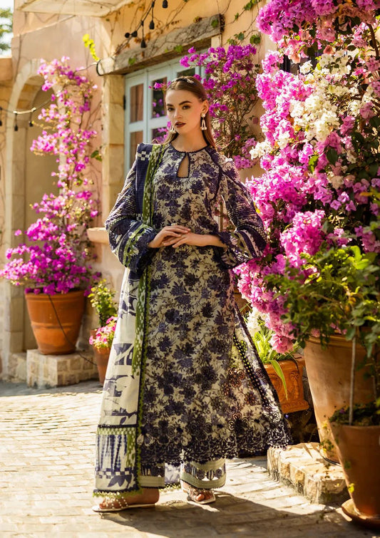 ELF Embroidered Grey & blue Luxury Lawn Dress