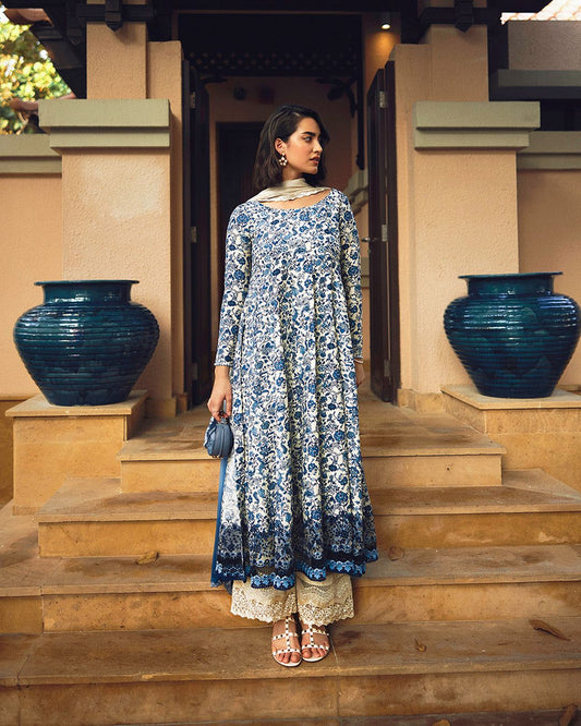 FS Embroidered Cream & Blue Luxury Lawn Frock