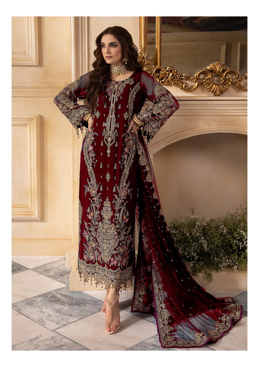CHZ Embroidered Maroon Blue Luxury Chiffon Dress