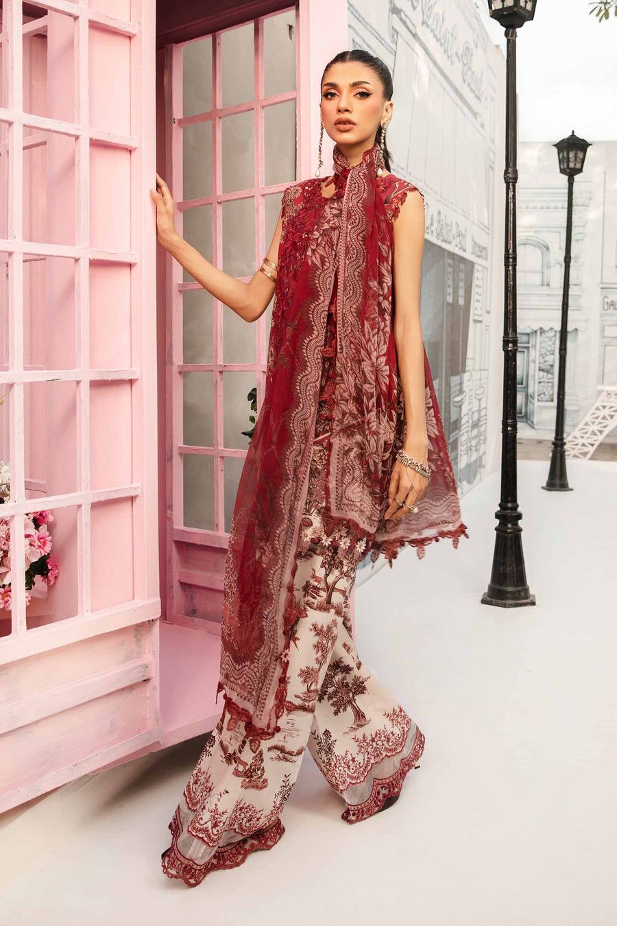 MB Embroidered Maroon & White Luxury lawn Dress