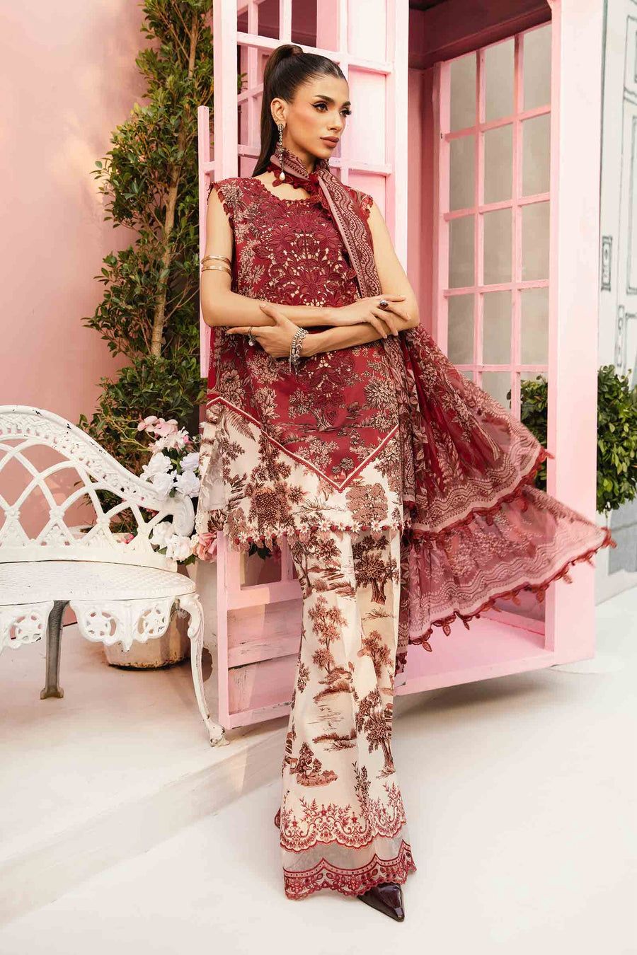 MB Embroidered Maroon & White Luxury lawn Dress