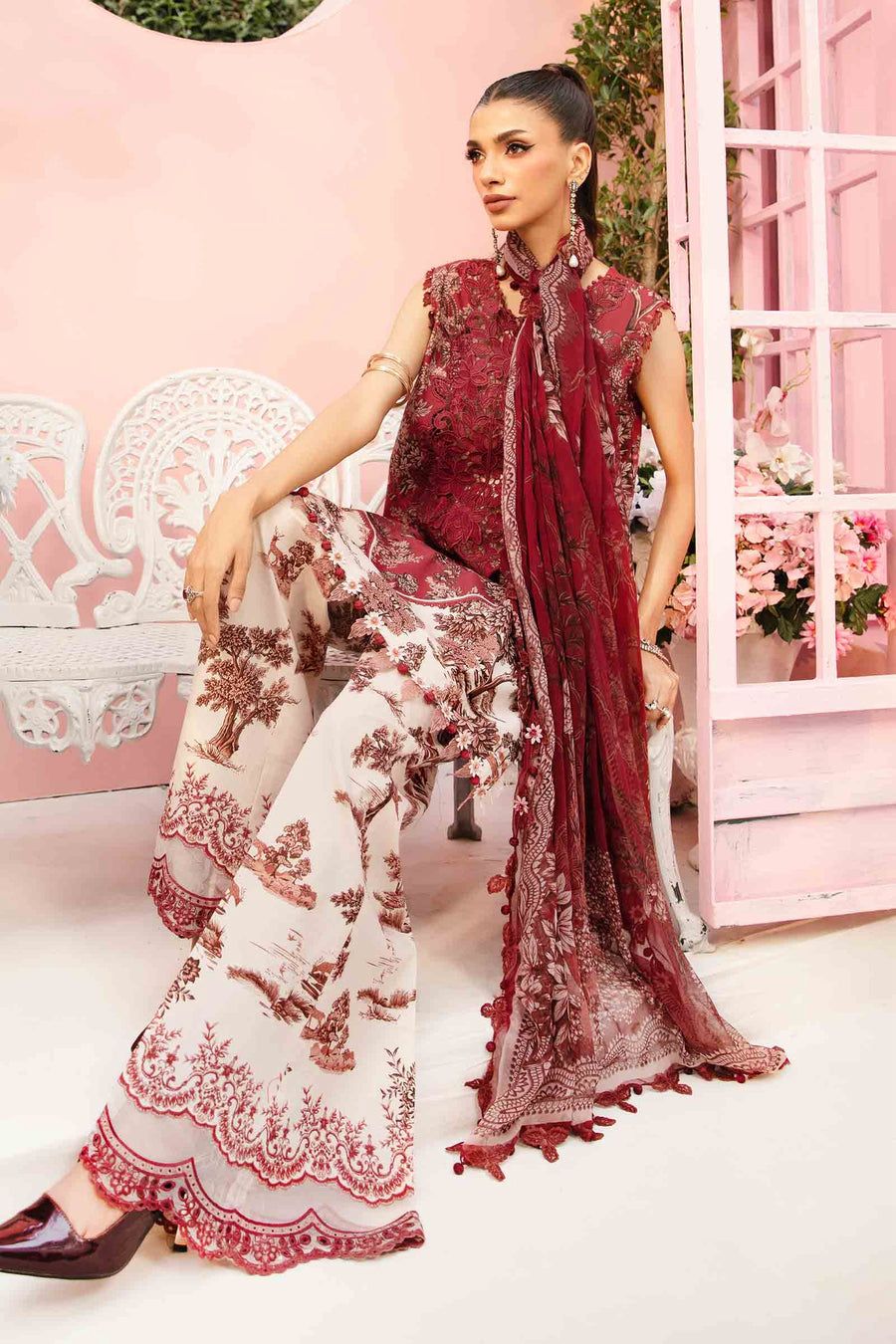 MB Embroidered Maroon & White Luxury lawn Dress