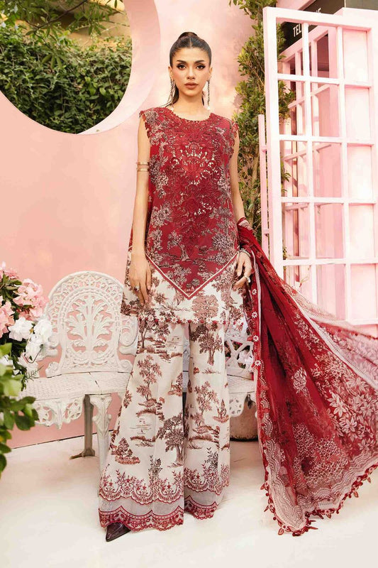 MB Embroidered Maroon & White Luxury lawn Dress