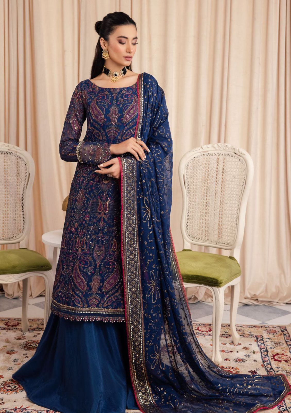 IZK Embroidered Navy Blue Luxury Organza Dress