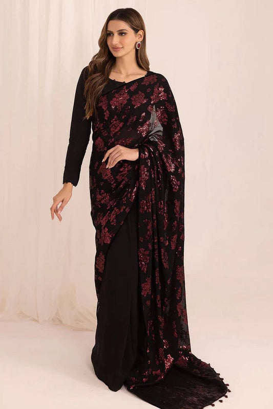 JZM Embroidered Black & Red Luxury Chiffon Saree