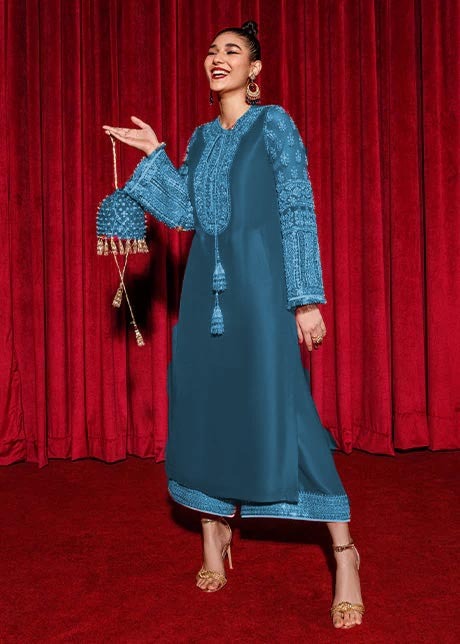 HR Embroidered Blue Luxury Silk Dress