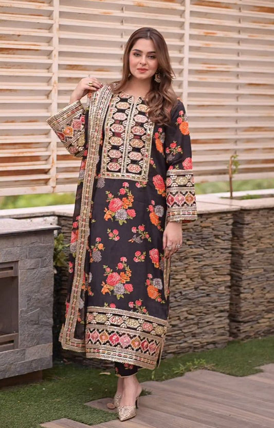 ANL Embroidered Black Luxury Silk Dress