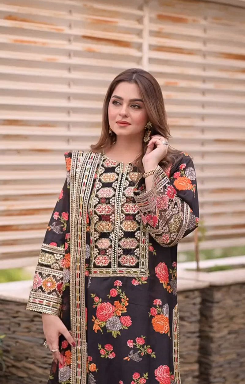 ANL Embroidered Black Luxury Silk Dress