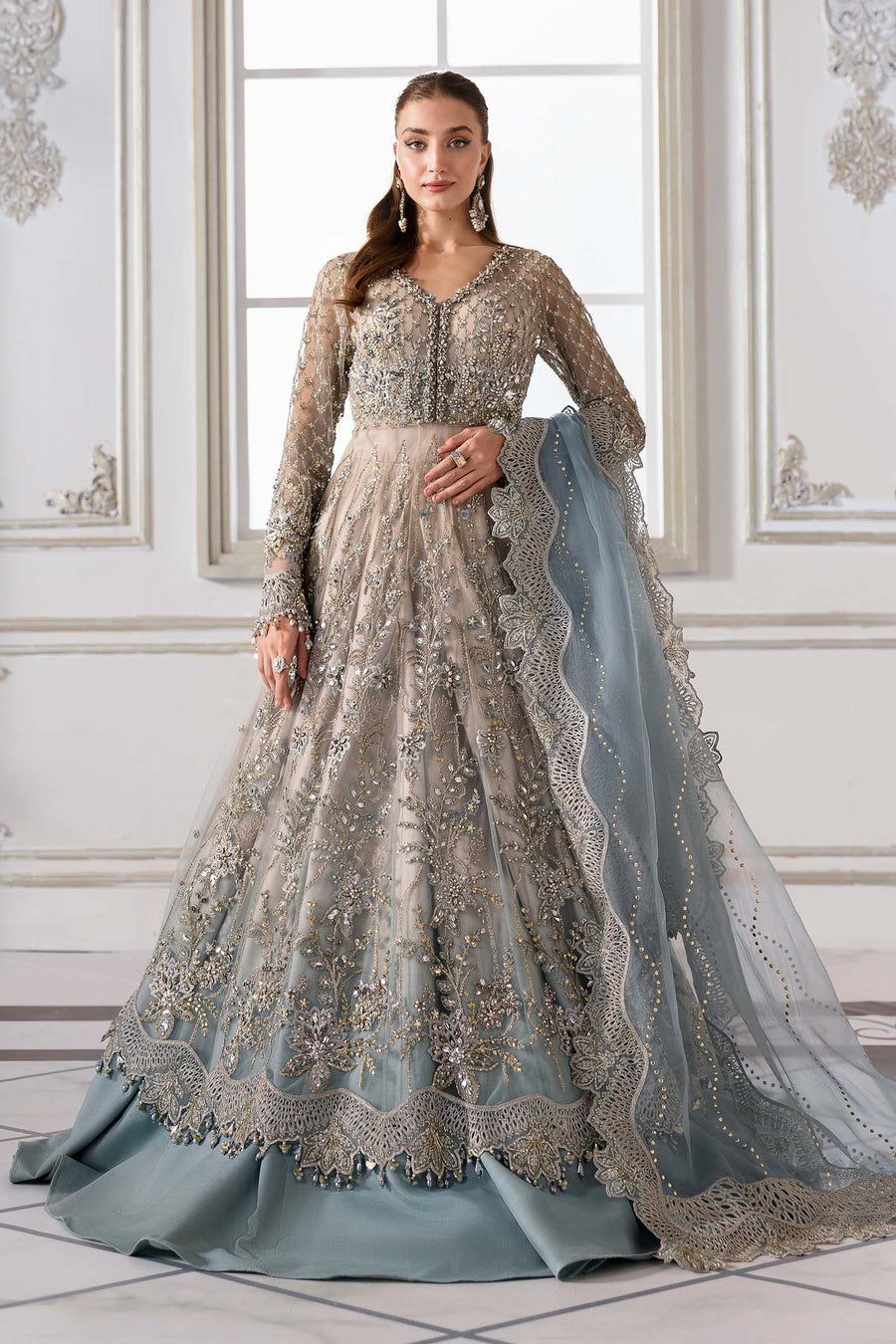 MB Embroidered Bridal Blue Luxury Net Maxi - Unstitched