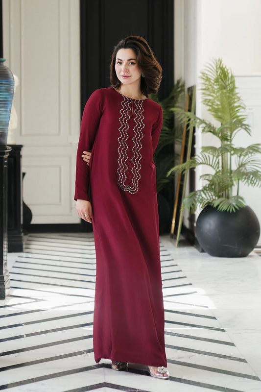 LSR Embroidered Maroon Luxury Silk Dress