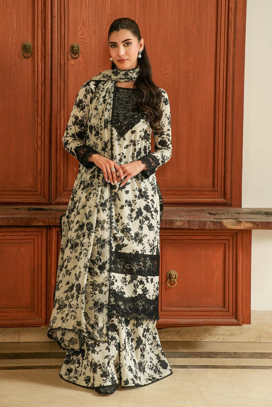 ANL Embroidered Black & Off White Luxury Lawn Dress - Unstitched