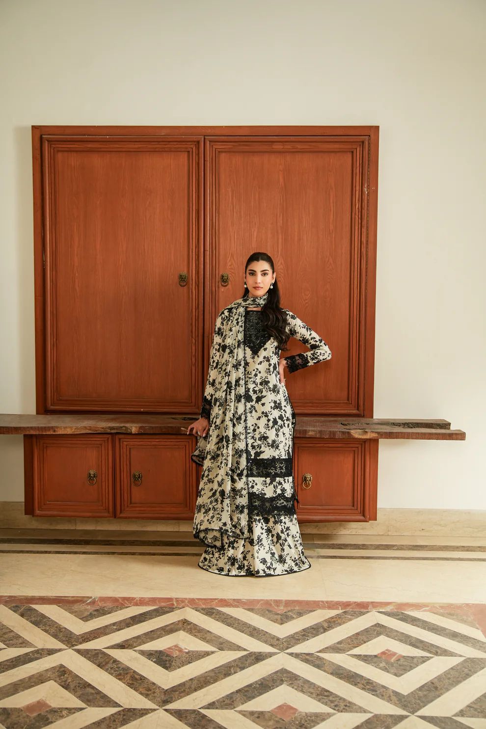 ANL Embroidered Black & Off White Luxury Lawn Dress - Unstitched
