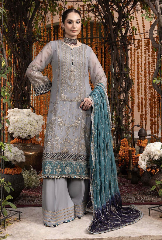 AL Embroidered Grey Luxury Chiffon Dress