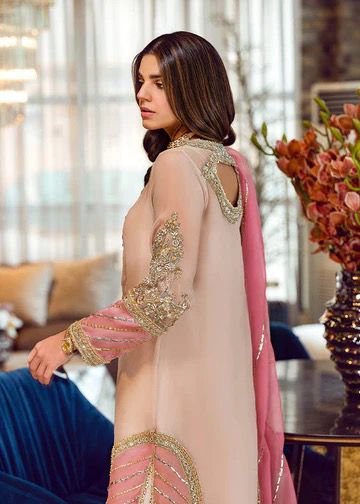 Agha Noor Embroidered Peach Luxury Organza Dress