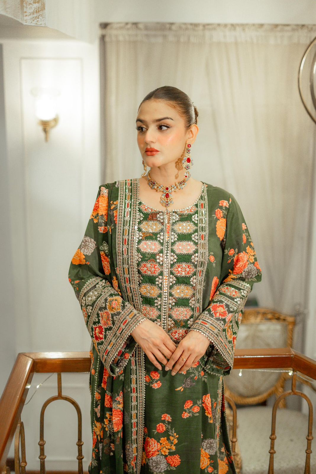 ANL Embroidered Green Luxury Silk Dress