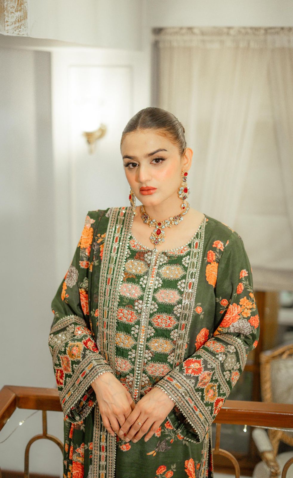 ANL Embroidered Green Luxury Silk Dress