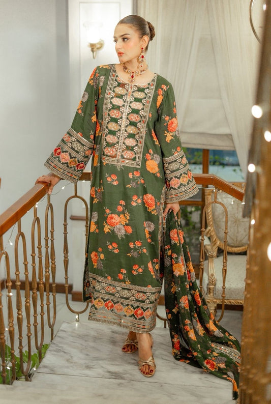 ANL Embroidered Green Luxury Silk Dress