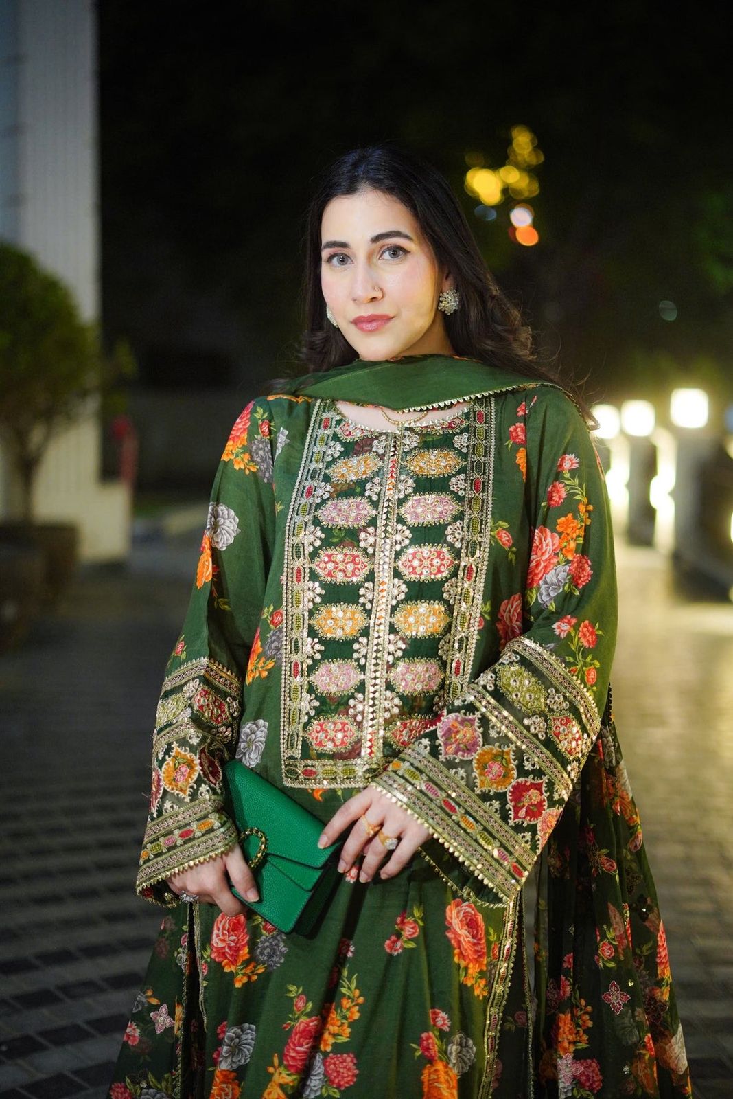ANL Embroidered Green Luxury Silk Dress