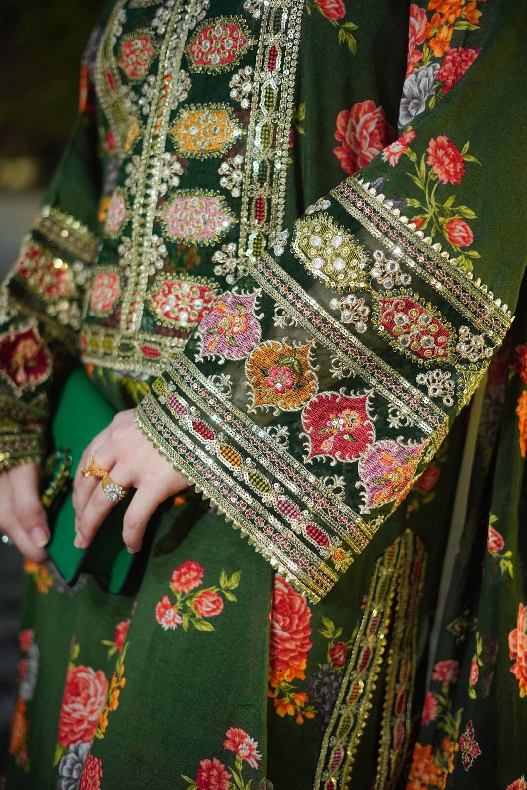 ANL Embroidered Green Luxury Silk Dress