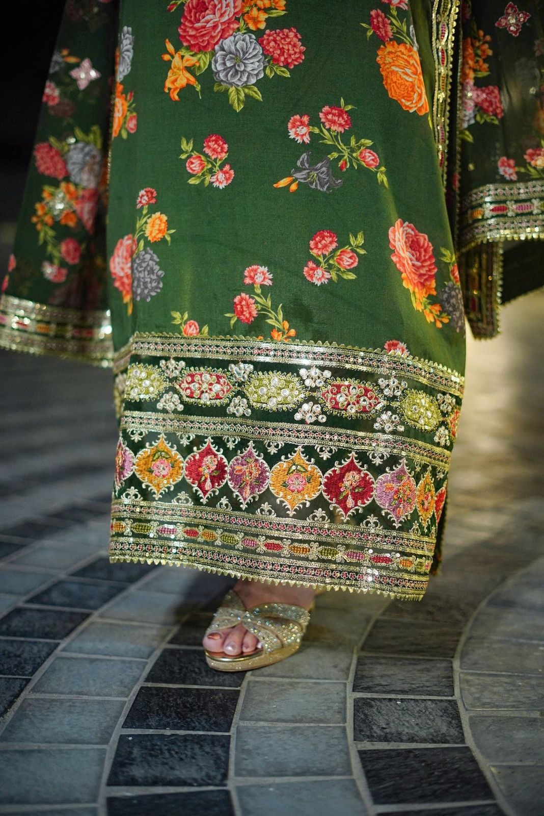 ANL Embroidered Green Luxury Silk Dress