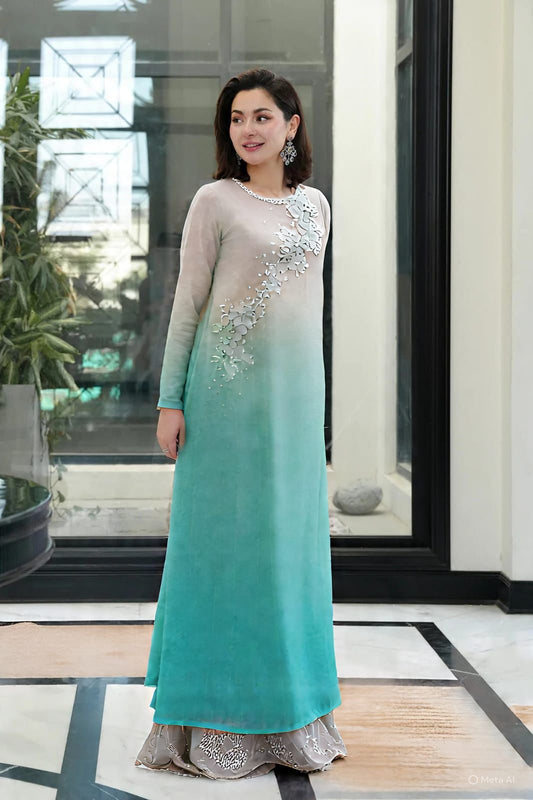 LSR Embroidered Sky Blue Tie & Dye Luxury Chiffon Dress