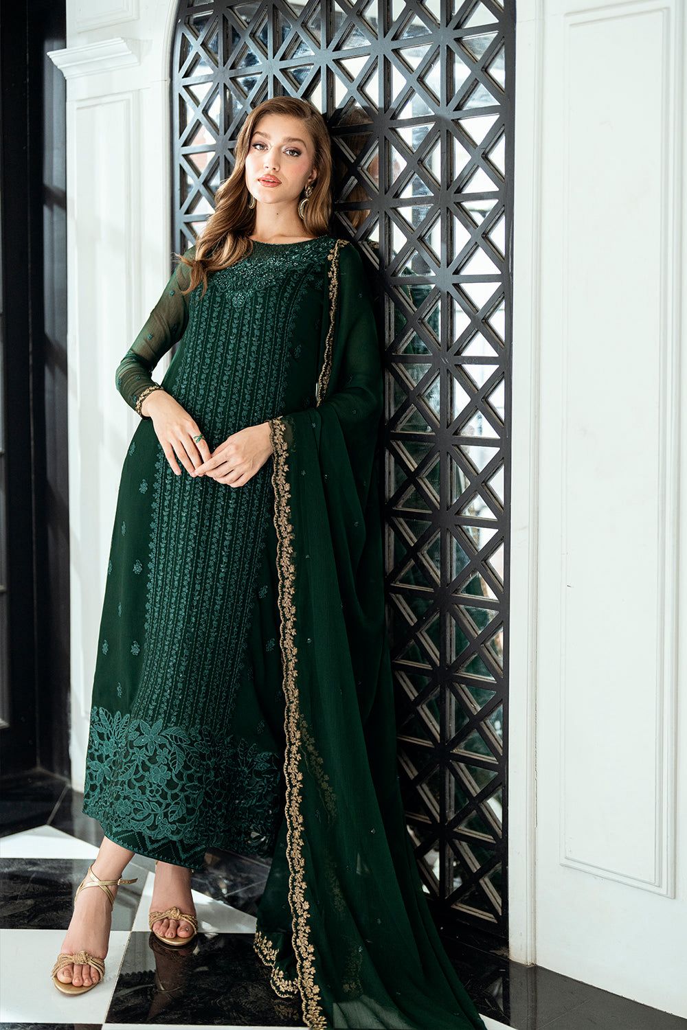 AZU Embroidered Dark Green Luxury Chiffon Dress