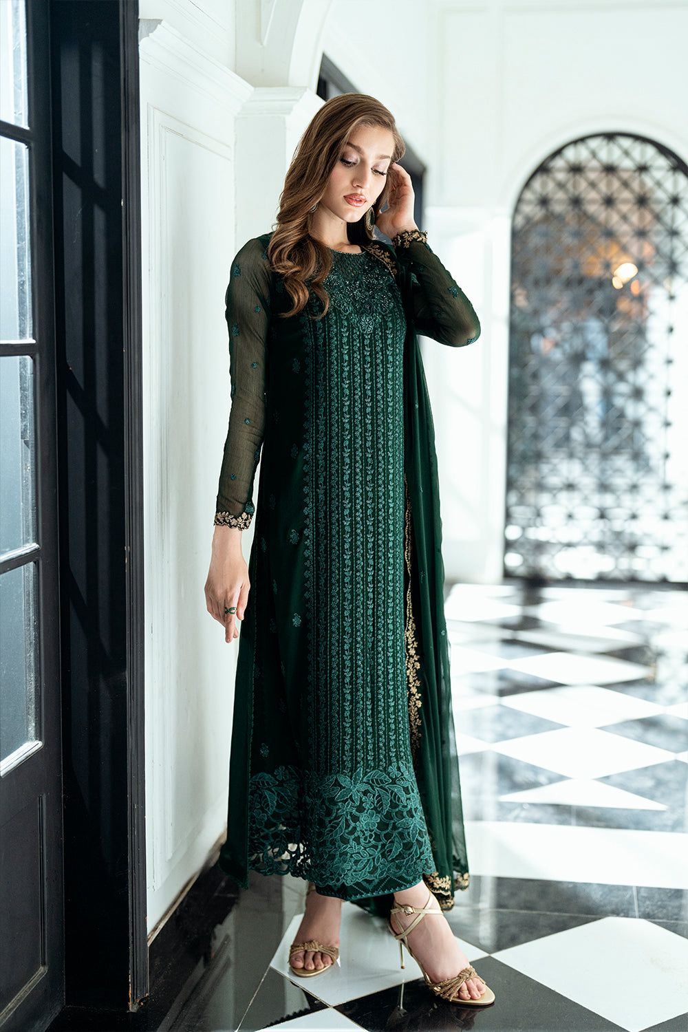 AZU Embroidered Dark Green Luxury Chiffon Dress